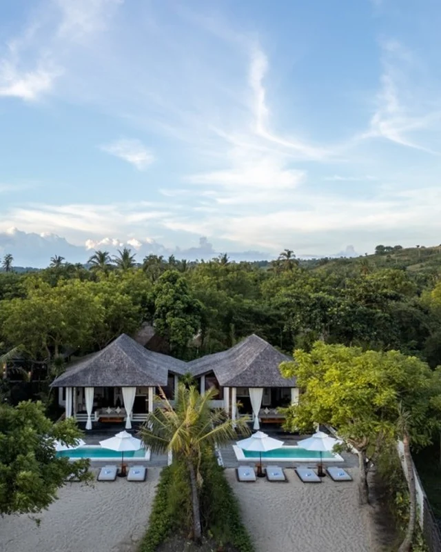 Vista aérea de villas reservadas entre jardins tropicais
